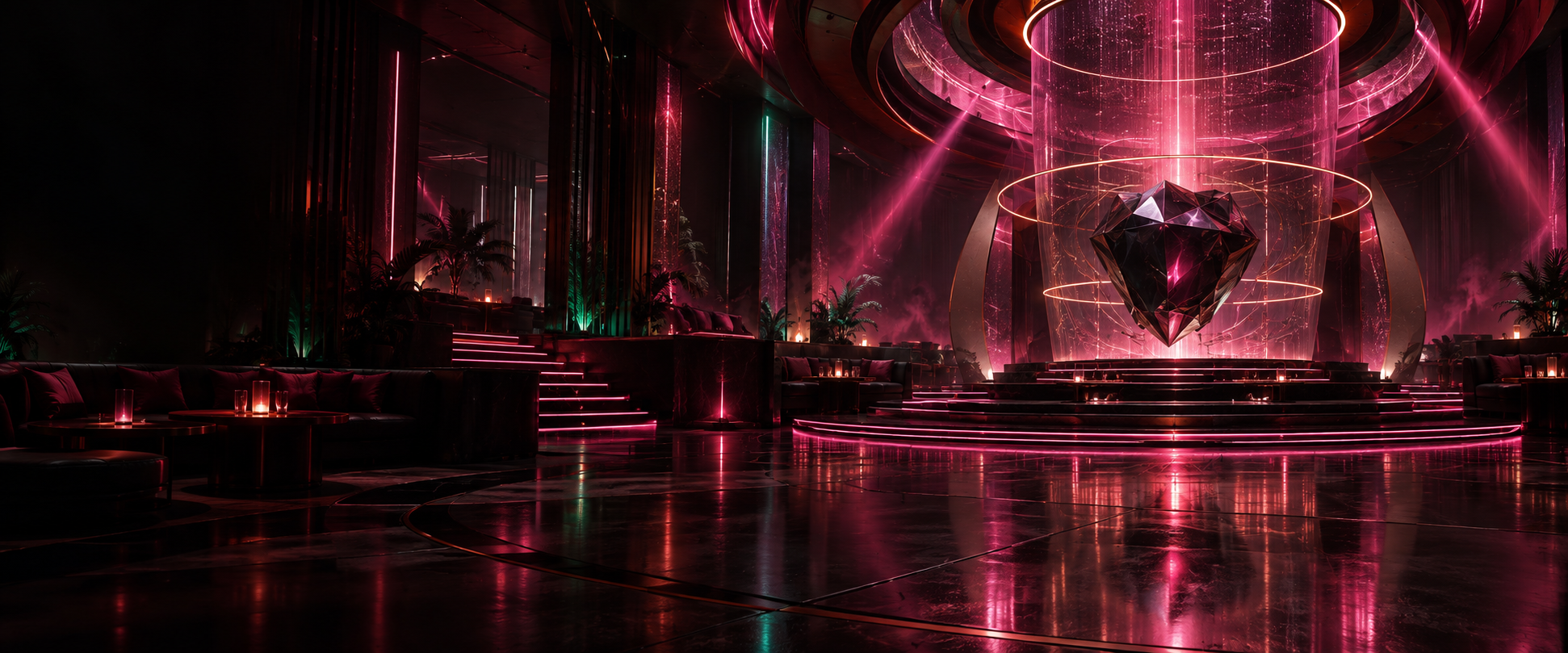 A premium virtual nightclub stage with a glowing faceted NeuraLove tip jar